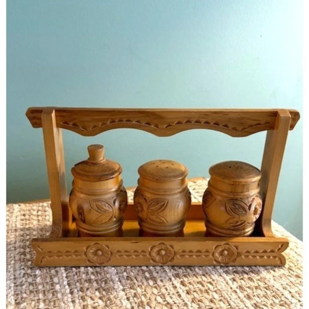Vintage Hand Carved Wooden Condiments Set of 3 Carved Salt Pepper Caddy Tray